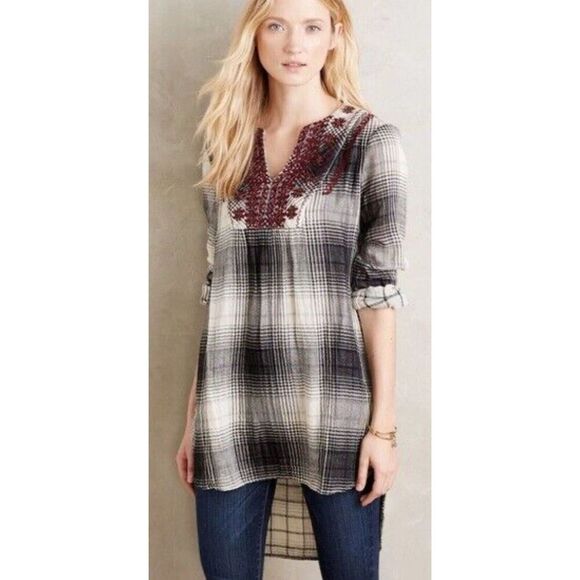 Anthropologie‎ Floreat Embroidered Plaid Long Sleeve Tunic Top Size Large Gauzey - Picture 1 of 6
